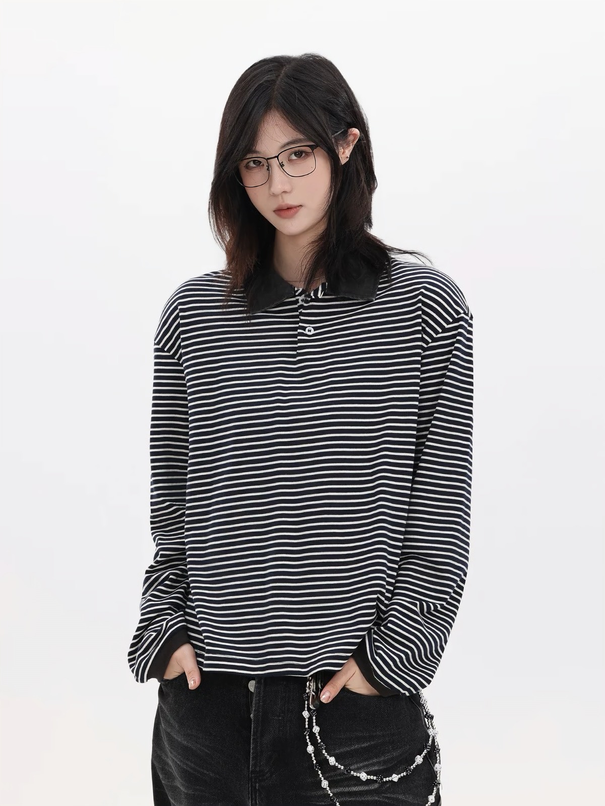 BORDERS at BALCONY 長袖ポロシャツ ボーダーカラー長袖ポロシャツ / Border Collar Long Sleeve Polo