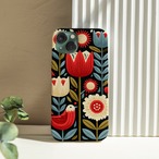 受注生産 iPhoneケース 赤いチューリップと黒い葉の民芸柄｜花モチーフ FMSY006D