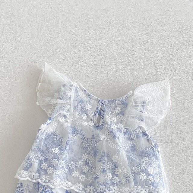 【BABY】水墨画風フラワーフリルレースロンパース - 10
