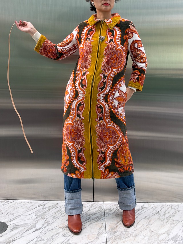 70s Euro mustard yellow × paisley pile coat