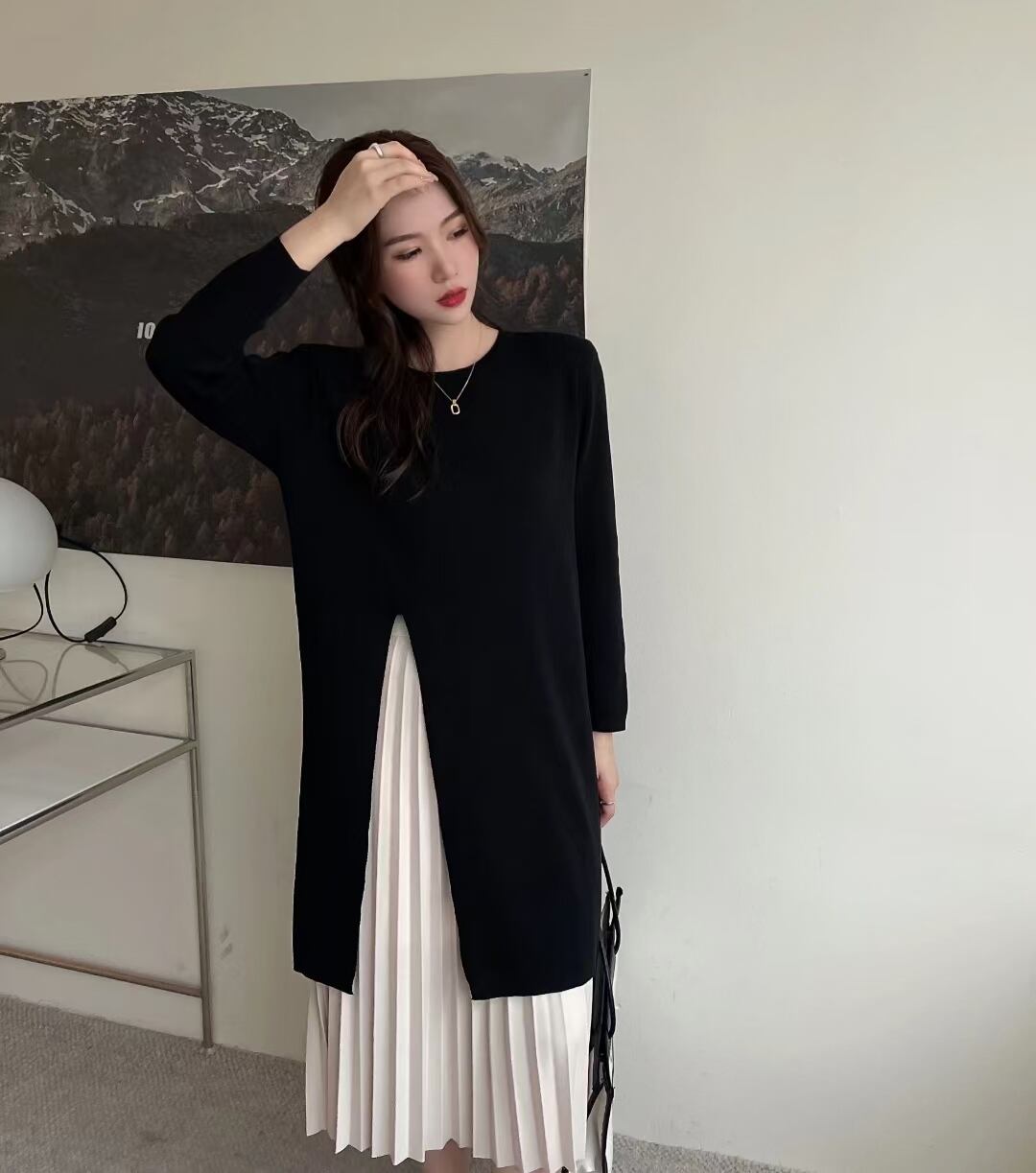 プリーツレイヤード スリットニットワンピース　AJ1050-2272-1