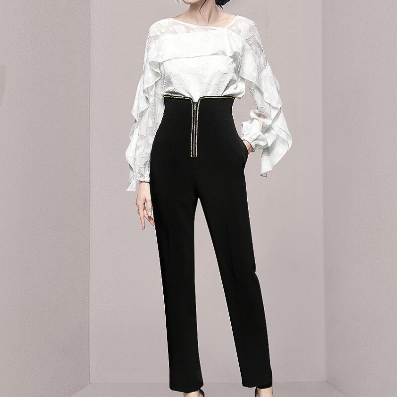 セットアップ レディース 春夏 秋冬 春 夏 秋 冬 トップス パンツ ブラウス タイトパンツ セット レーストップス レース 長袖 トップス パンツ 上下セット シースルー フリル タイト オフィス ブラウスシャツ シャツ ジップアップ ハイウエストパンツ クロップドパンツ