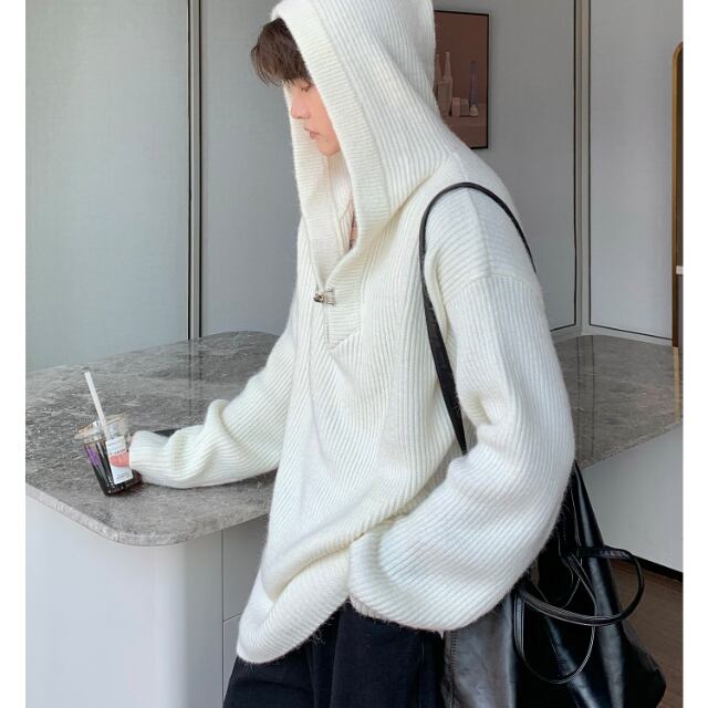 韓国　秋冬メンズ　デイジー　フード　パーカー　オーバーサイズ　ホワイト