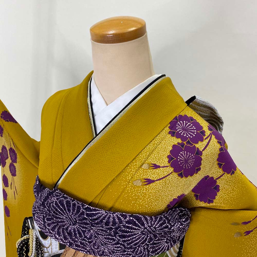 振袖 中古 青色 ピンク 白 幅広 大きめ 裄67cm 身丈162cm 正絹 美品 L  