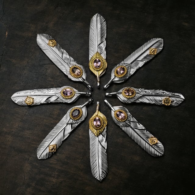鷲見太郎 Pendant ペンダント】Lフライトフェザー&ハートフェザー