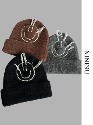 embroidery smail knit-hat 3color【NINE9825】
