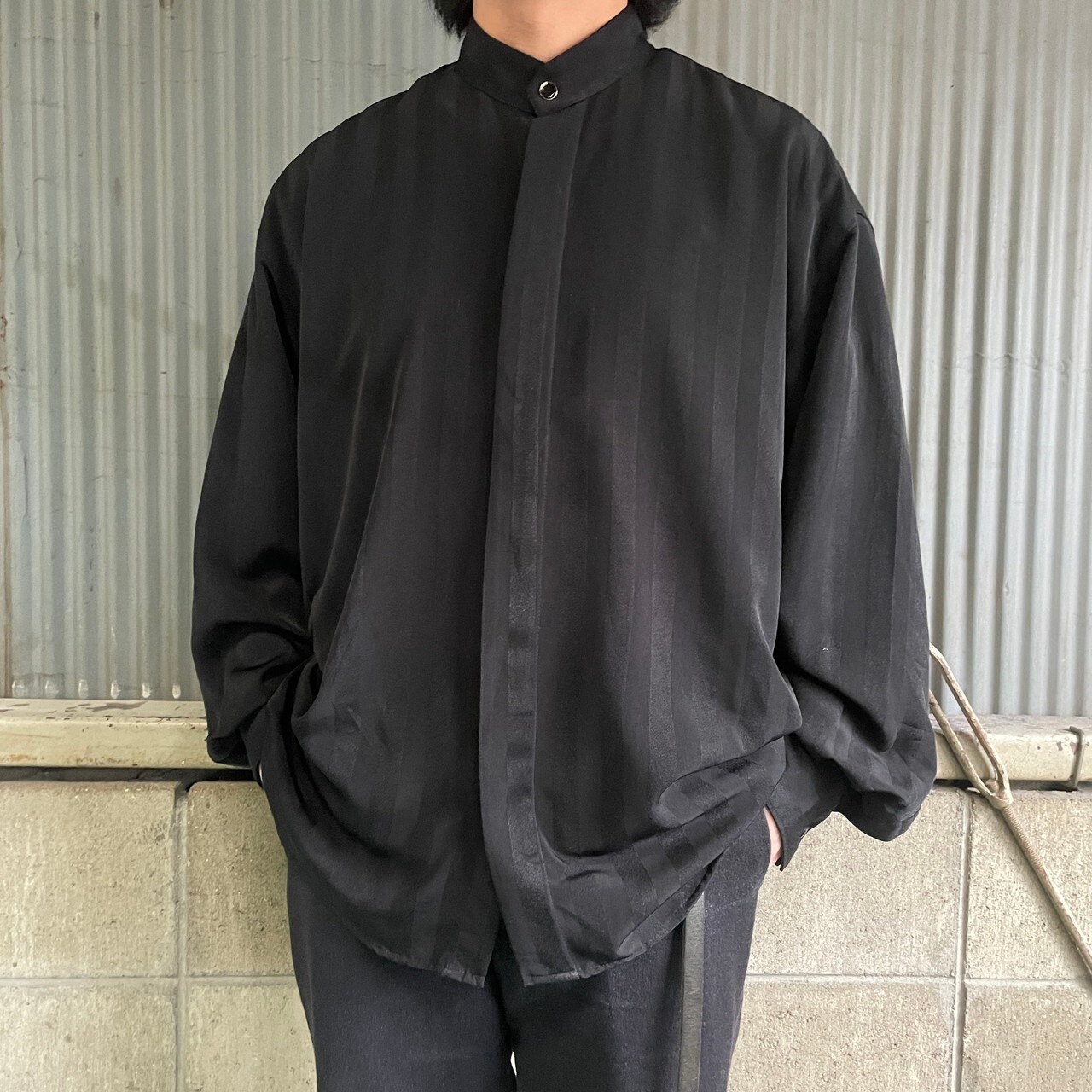 ELLIOTT シャドーストライプ ポリエステル バンドカラーシャツ メンズ 