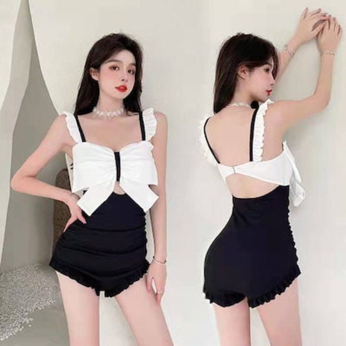 【3日以内出荷】水着 レディース 体型カバーサンダル スイムウェアswimsuit女性ワンピース型スモールホルター新コーナーラブリー蝶結びラッフルファッションビューティーバックホリデースパ 韓国ファッ