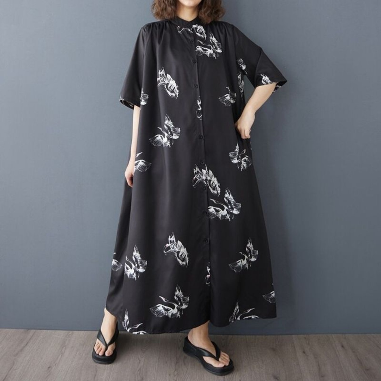 鶴柄 モノトーン ワンピース 30190