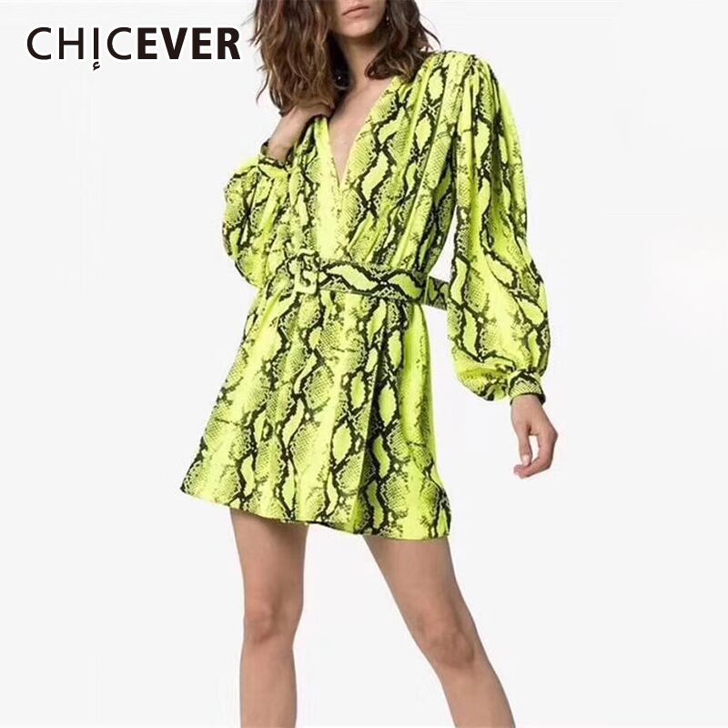 CHICEVERスネークプリントウエストドレスレディース服Vネック長袖包帯ボウAラインドレス夏 ロング リボン サマー 夏物 6base543525962766