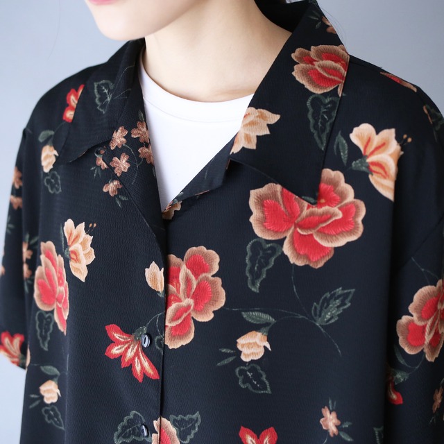 "花柄" black base red flower pattern box silhouette h/s shirt