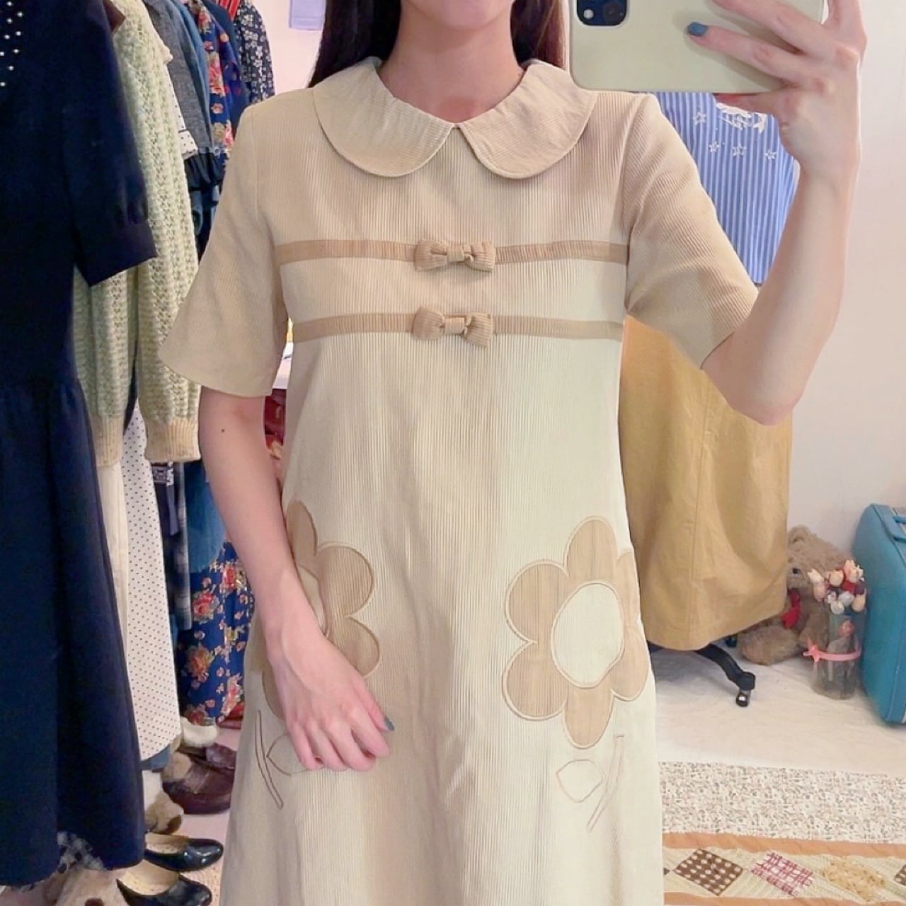 ribbon beige corduroy one-piece