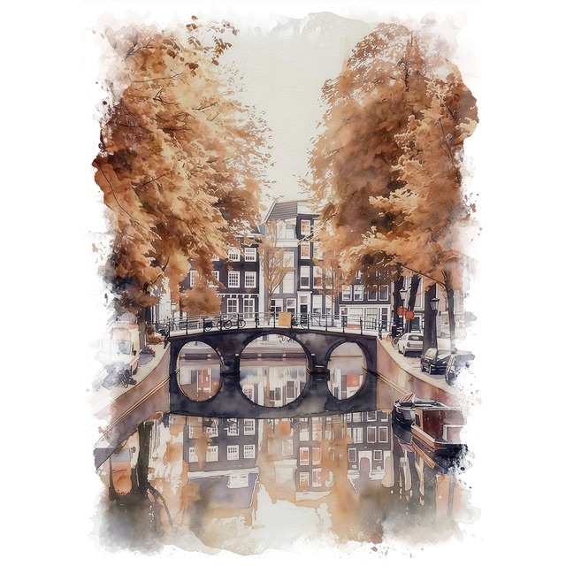 絵画 オランダ 風景画(街並み) 秋のアムステルダム運河 インテリアアート額付き 水彩画・油絵調 WAT0348