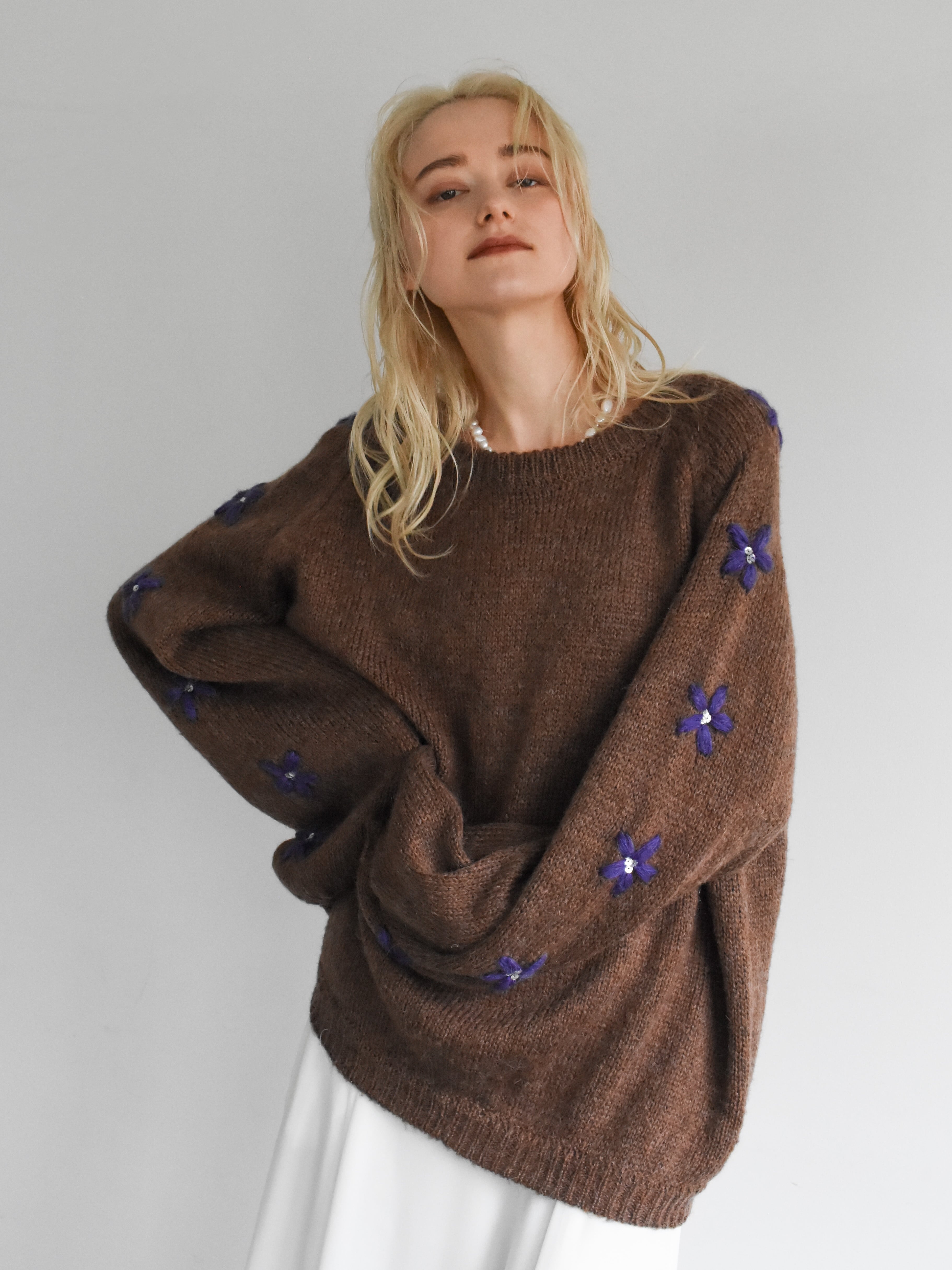 hand embroidery flower knit（brown×purple）