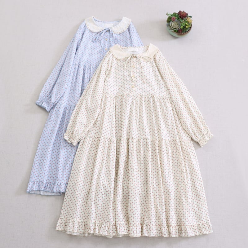 ハーフボタンティアード小花柄ワンピース W1714