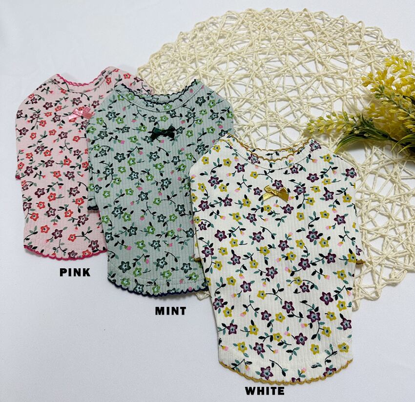 【SALE】 flower garden t-shirt 3color S ~ XL  /  犬服 春夏 新作 ドッグウェア Tシャツ 花柄 トップス 長袖 可愛い 犬の服 コットン ストレッチ シンプル