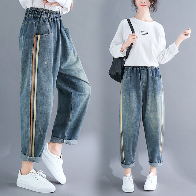 SIDE LINED ELASTIC WAIST BOYFRIEND DENIM PANTS 1color M-4380