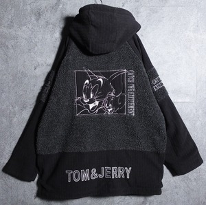 "TOM&JERRY" black embroidered zip hoodie