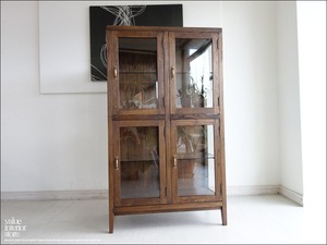 チーク総無垢 ガラスパンケース4WM ショーケース コレクションケース 陳列棚 店舗什器 ガラスケース 飾り棚 真鍮金物 送料無料