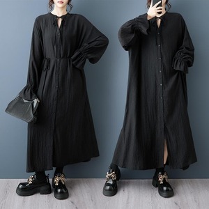 大きいサイズ ワンピース 秋冬 新品 黒 長袖 切替 Vネック Aライン 無地