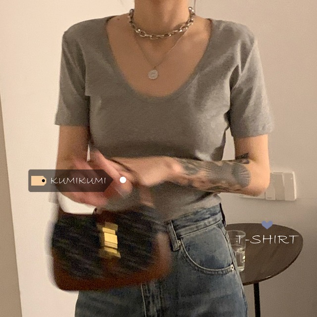 ベーシックソリッド カラーラウンドネックシャツ 半袖スリーブトップス サマースリムTシャツ ショート ハーフスリーブ 夏物 Oネック ソリッドカラー kumikum42785452268