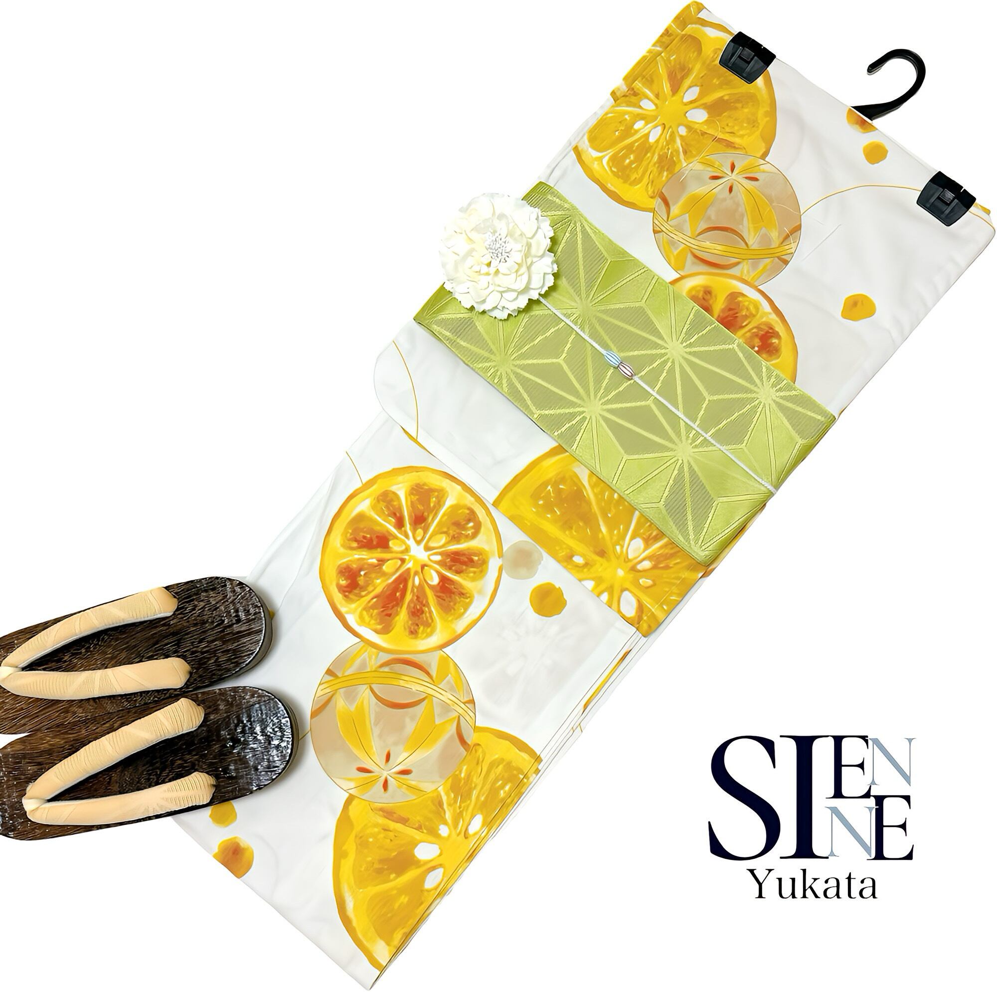 浴衣ジェンヌ 浴衣5点セット 白地にオレンジ柄 黄緑 半幅帯 | 浴衣SIENNE 