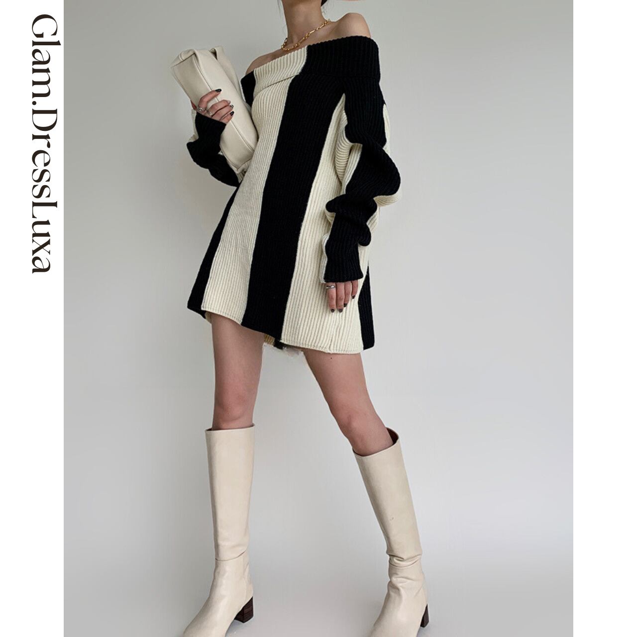 BIGストライプ オフショル ミニニットワンピ_T153