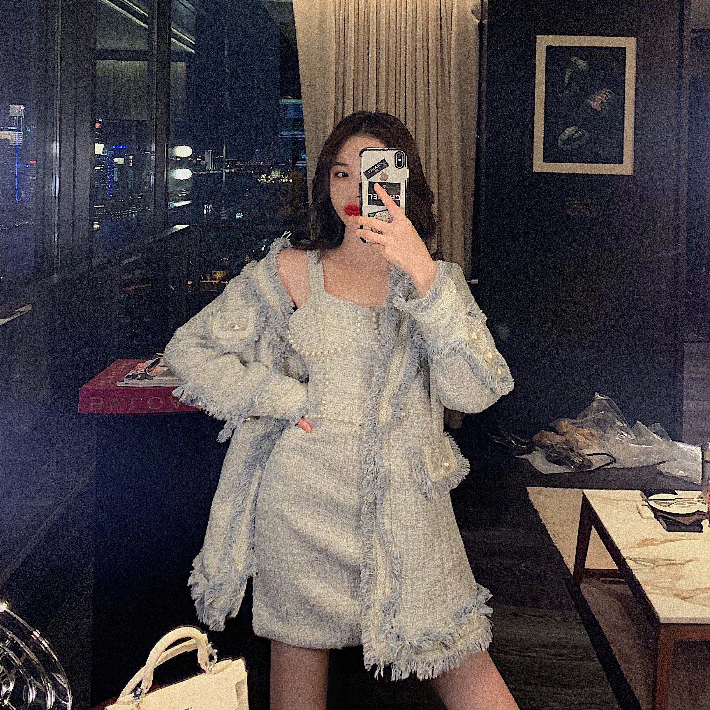 秋のカジュアルファッションスーツレディース2020新しいウールジャケットレディース気質サスペンダードレスツーピーススーツ ドラファッションホール4354968225