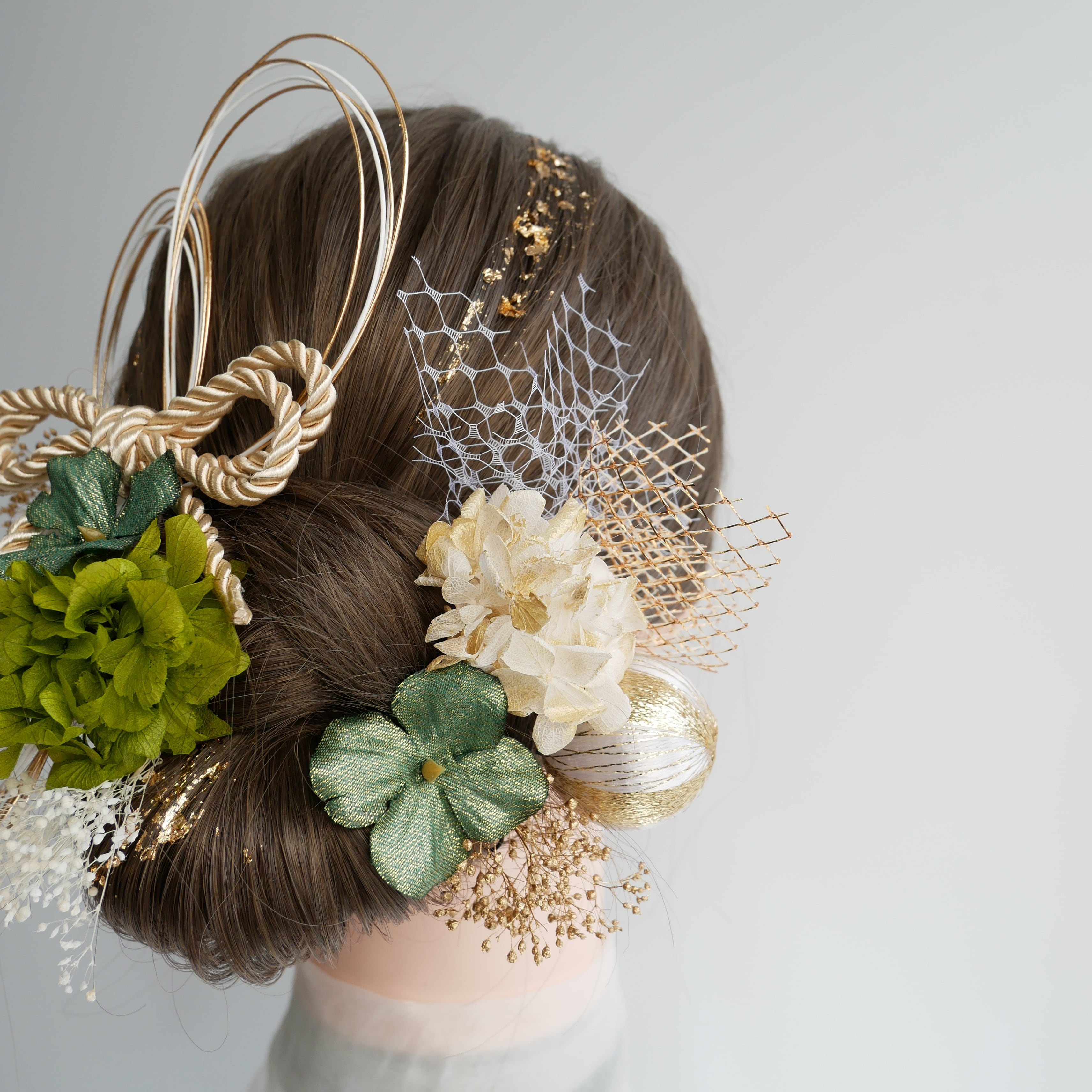 A304 緑 ドライフラワー髪飾り ダブルリボン 水引 和玉 成人式 卒業式