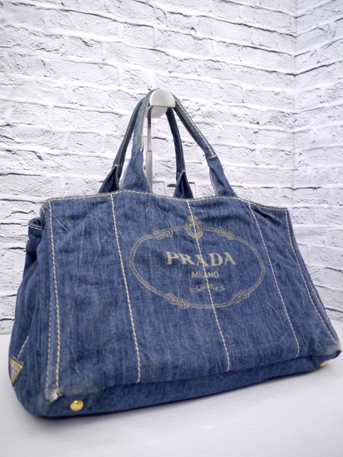 ◆PRADA プラダ CANAPA カナパ 大容量 サイド開閉 デニム地 ショッパー トート ハンド バッグ 青x金◆ 使い勝手抜群！大容量の定番モデル♪