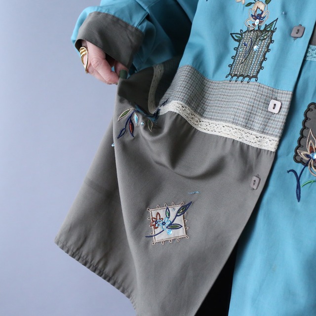"刺繍×パッチワーク" switching fabric design loose silhouette shirt