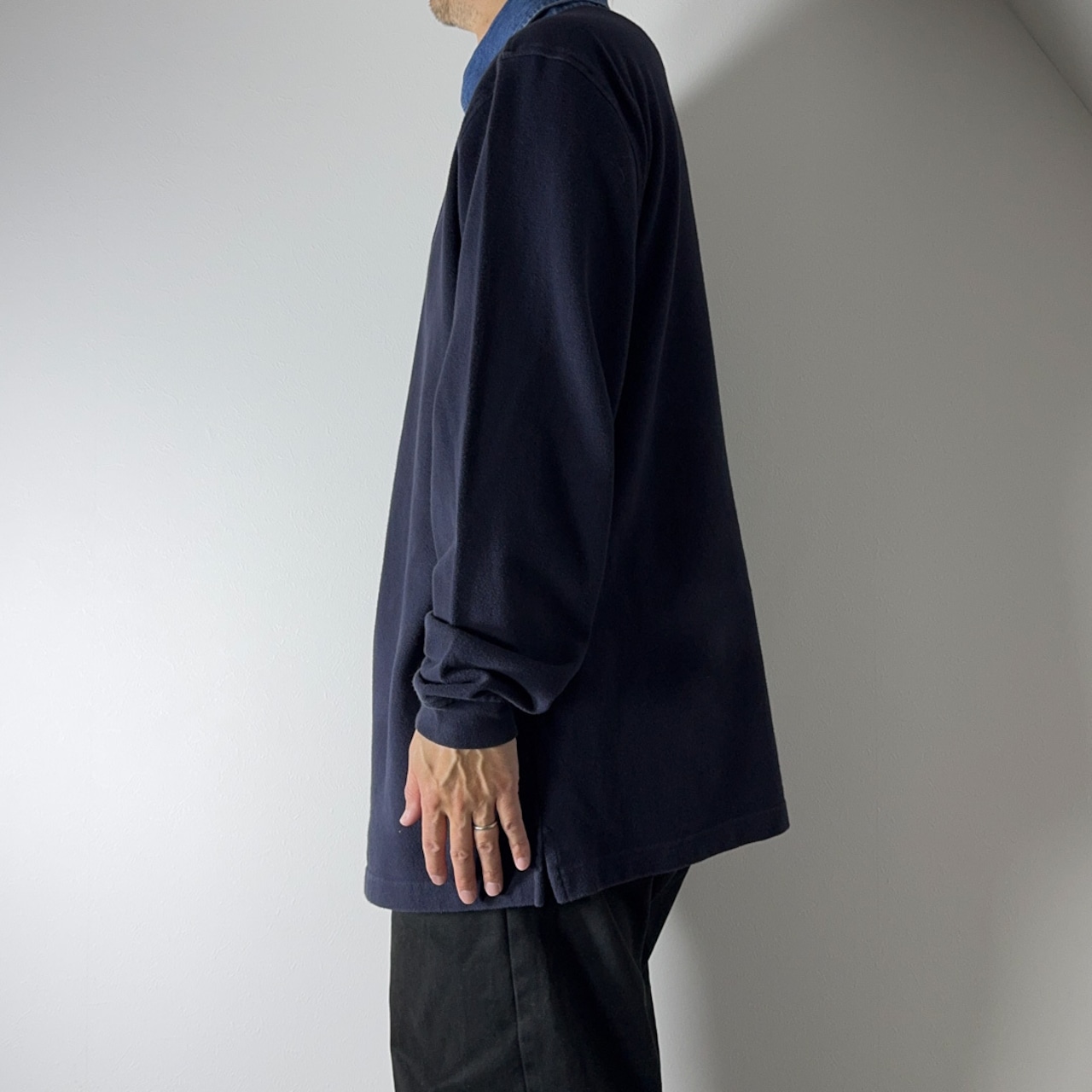 90s LANS'END L/S Denim collar polo Navy XL 古着 - 14