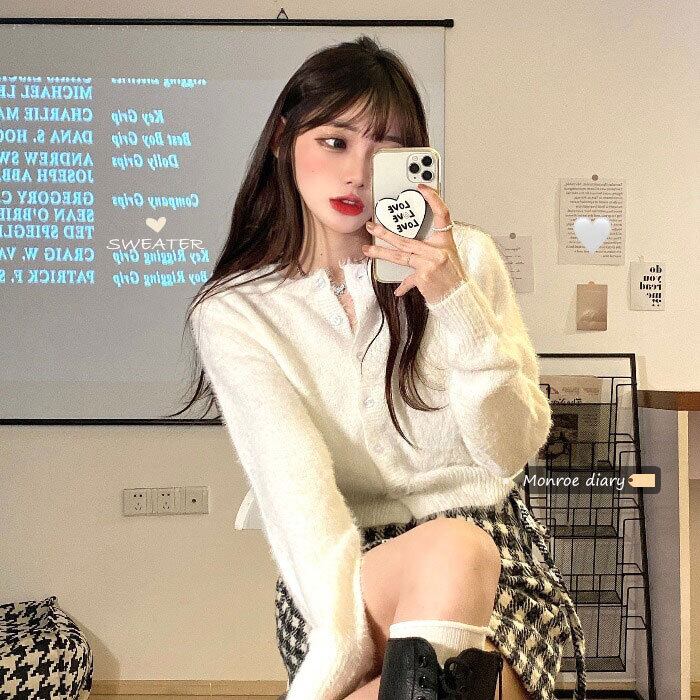 ホワイトセーター レディーススタイルルーズカーディガンジャケット オータムウィンターショートニット ロング 秋物 冬物 モンロー14097275439