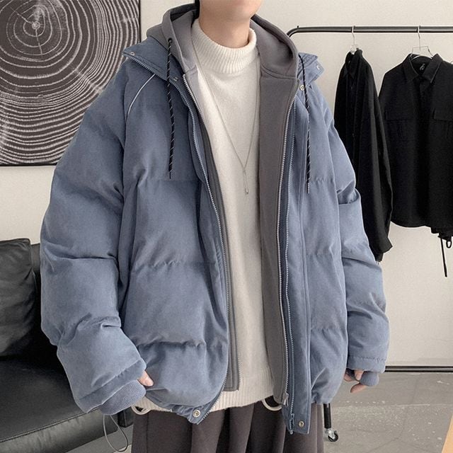 【予約販売】ダウンジャケット 重ね着風 アウター 指穴 パーカー フード付き ストリート ショート丈 ブラック ブルー 防寒 お洒落 カジュアル 秋冬 大きいサイズ M/L/XL