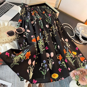 black floral print high waist a line midi skirt<sk3290>