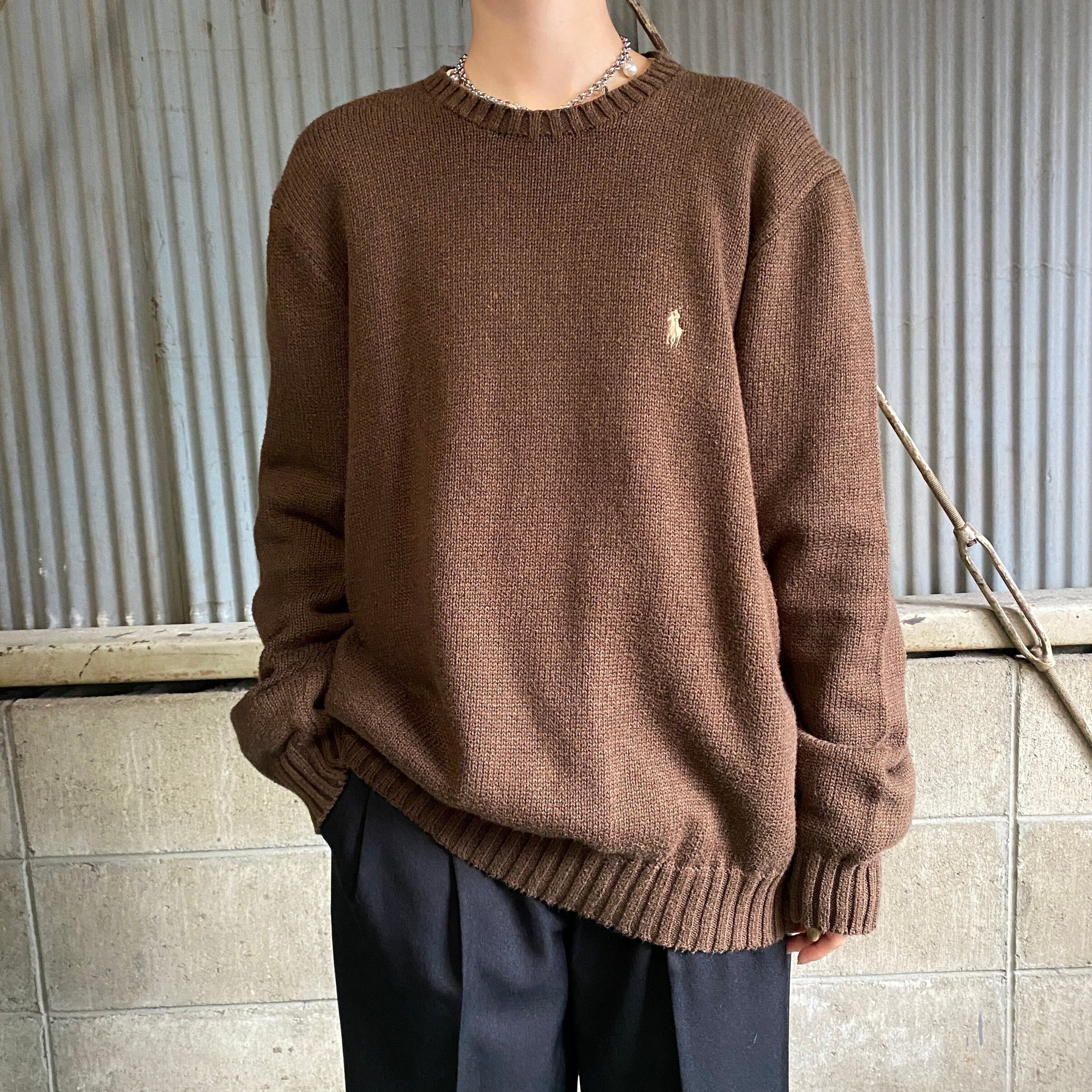 Polo By Ralph Lauren ポロバイラルフローレン コットンニットセーター メンズm 古着 ワンポイント刺繍 クルーネック 茶色 ブラウン ニットセーター Cave 古着屋 公式 古着通販サイト