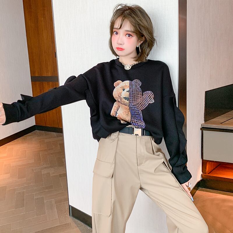 プリントラウンドネックカジュアルセーター オータム 秋物 Oネック ステッチ MIUCO22919125850