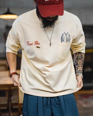 【遊び心を泳がせる】コットン プリント ポケット ロングスリーブ Tシャツ /  K0483