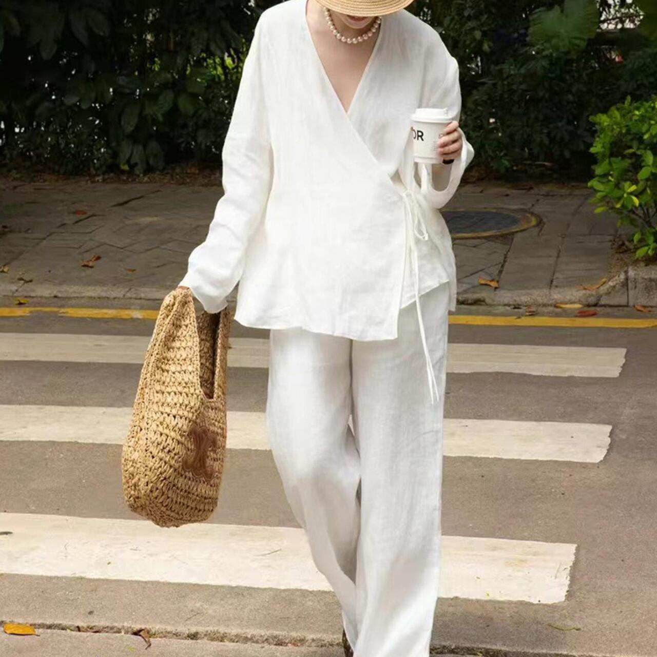 リネン風トップス&ワイドパンツセットアップ m0121