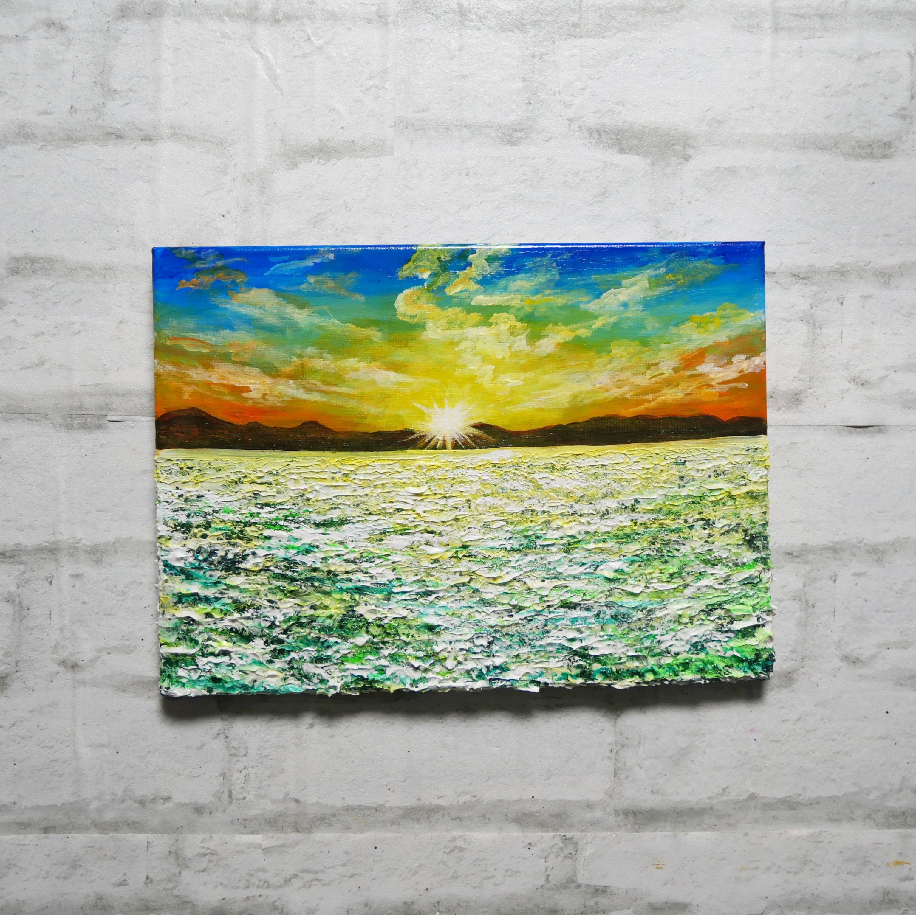 油絵 油彩 油彩画 絵画 絵【草原に咲く白い花と朝日】 | HIROSHI1990