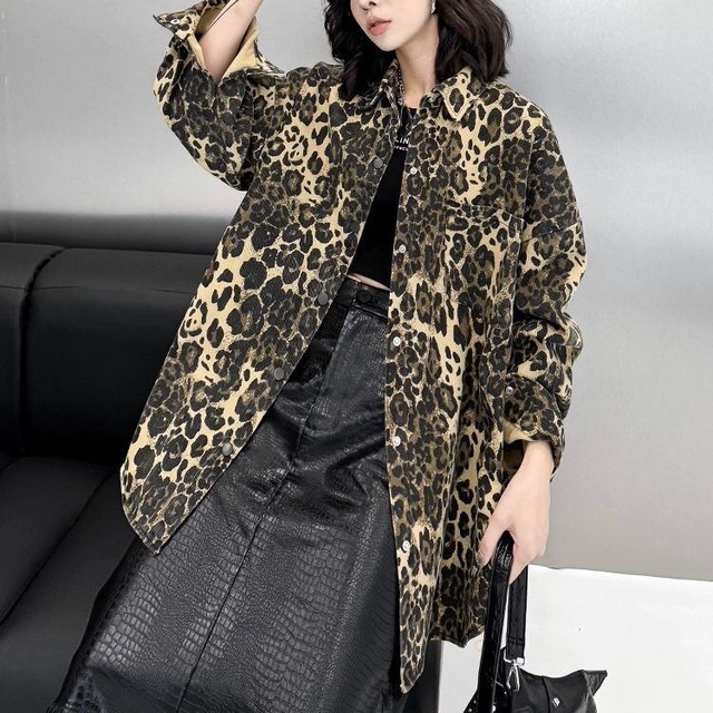 ヒョウ柄長袖デニムシャツジャケット s0392