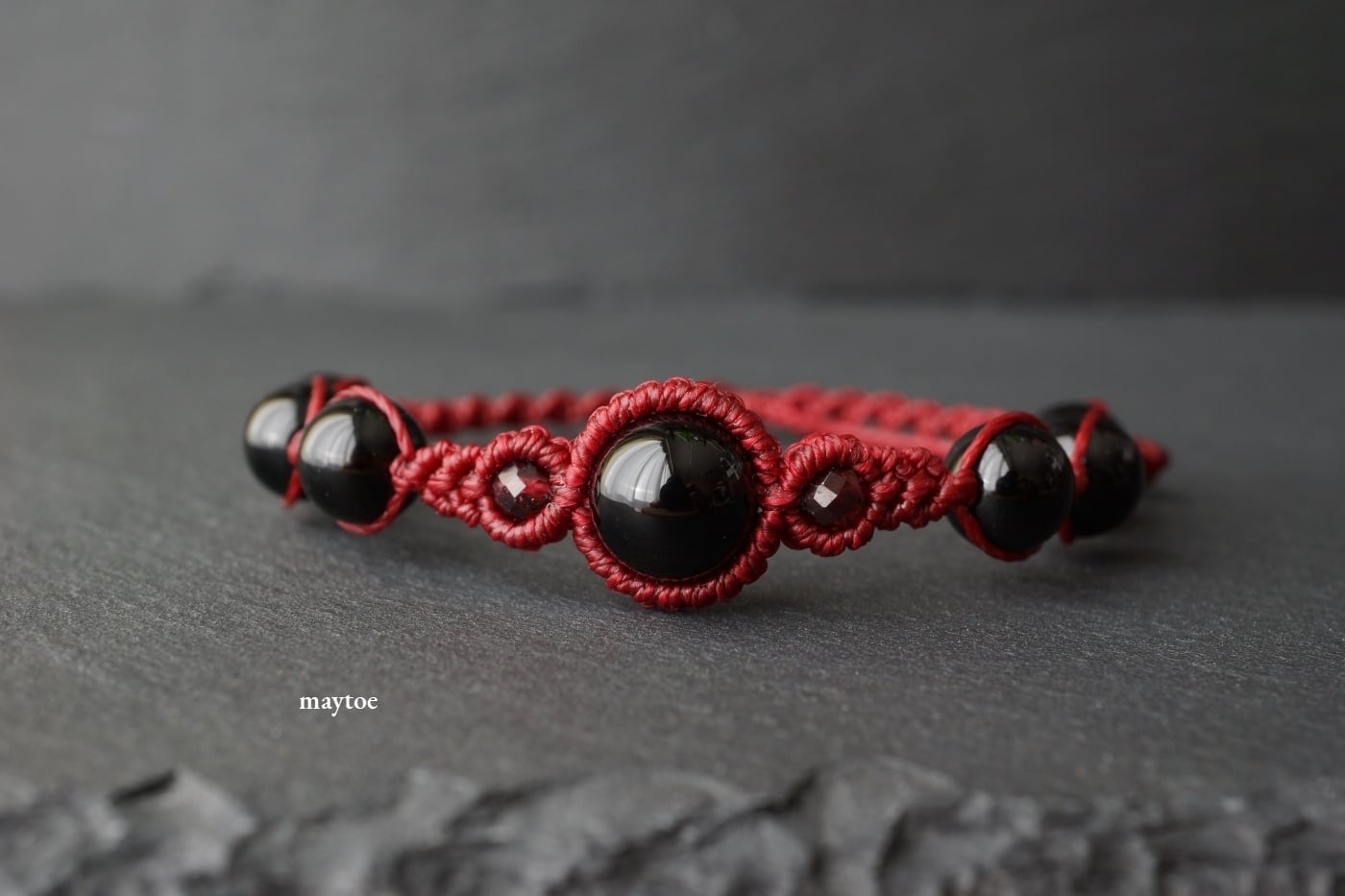モリオン(黒水晶)のシンプルお守りブレスレット - wine-red - 【紐色チェンジ可】