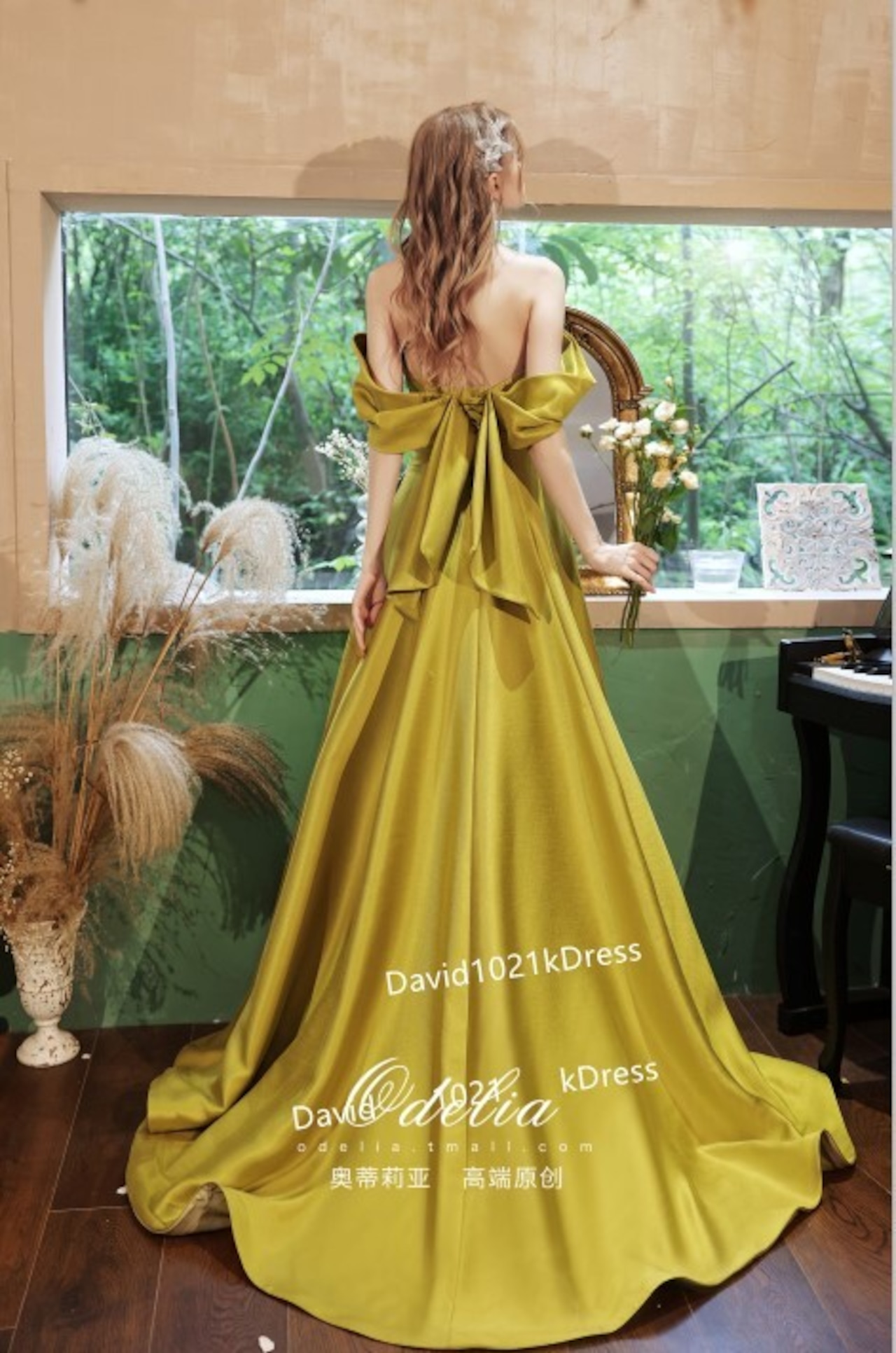 カラードレス 2ways ドレス 绿色 取り外しオフショルダー 短トレーン  