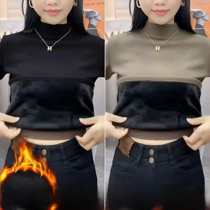 レディース 厚手フリース長袖ベースシャツ スタンドカラー スリムフィット インナー