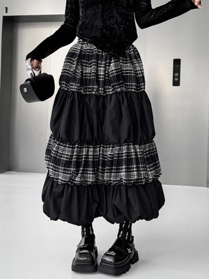 Checkered tiered balloon skirt [T2495]