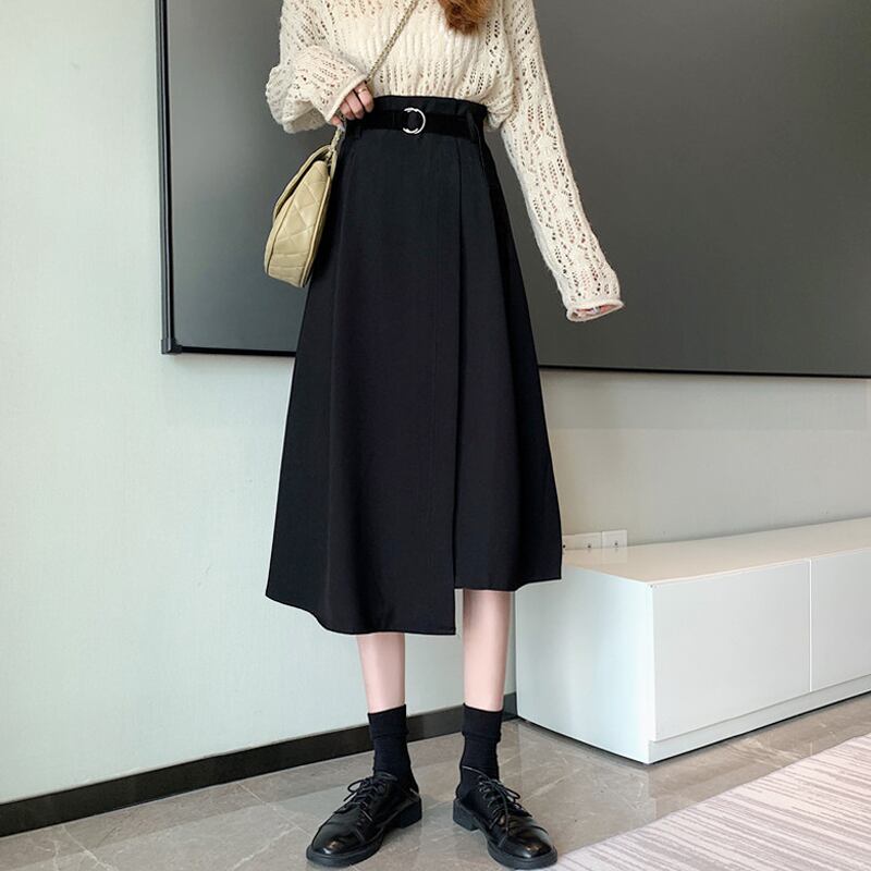 ブラックスカート サマーAラインスプリングオータムハイウェストウェスト薄手ロング 春物 夏物 秋物 試着室4582117610