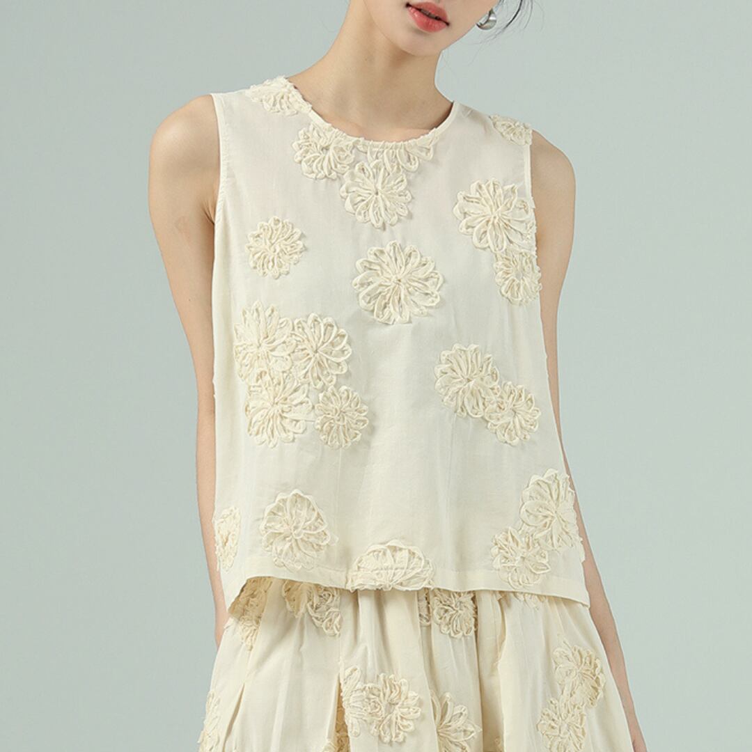 立体フラワーモチーフ ラウンドネックノースリーブ 00418