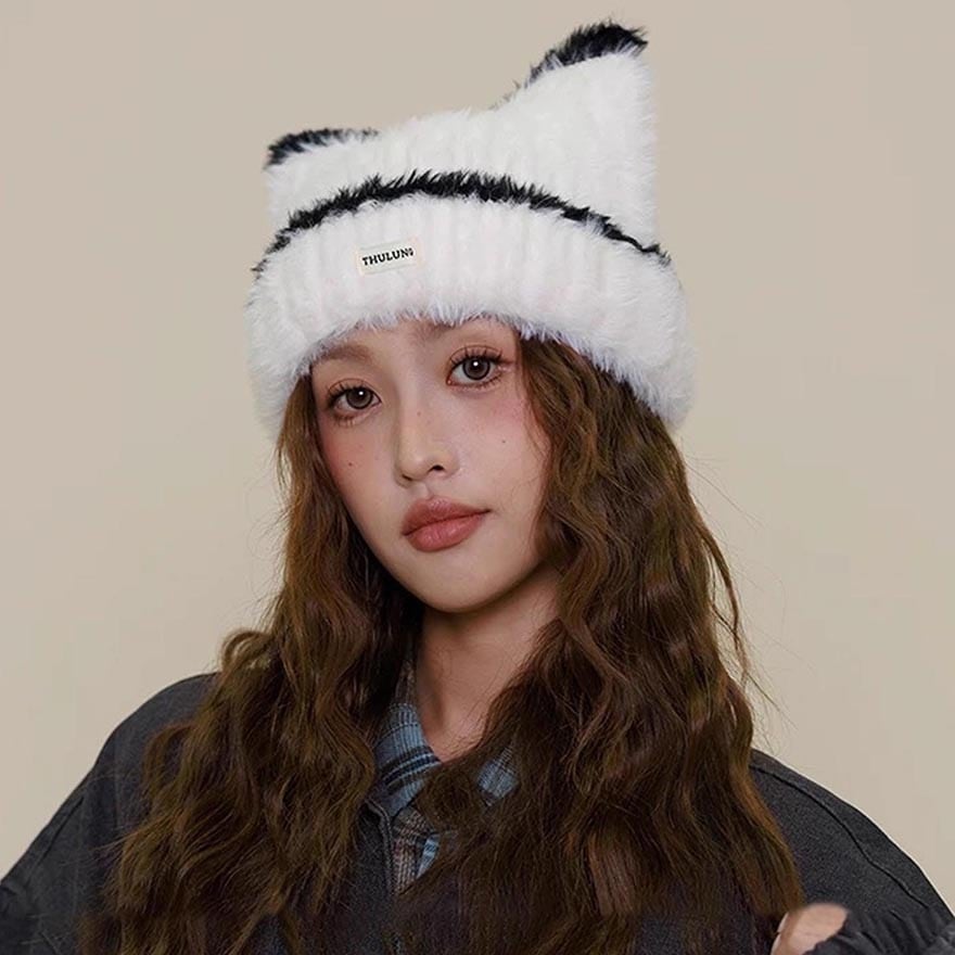 【猫耳ファーニット帽】ゴスロリ・地雷系・量産型対応|ふわふわ防寒 冬用ニットキャップ(4色展開)