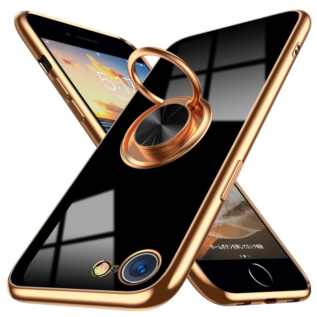 【WYEPXOL】iPhone SE 第 3 世代/SE2/8/7 用 リング付き 耐衝撃 落下衝撃吸収 TPU シリコン 軽量 薄型 メッキ加工 ストラップホール付き 全面保護 スタンド機能 車載ホルダー対応 360°回転 耐久 落下防止 人気 携帯カバー 黒 ZW67-01