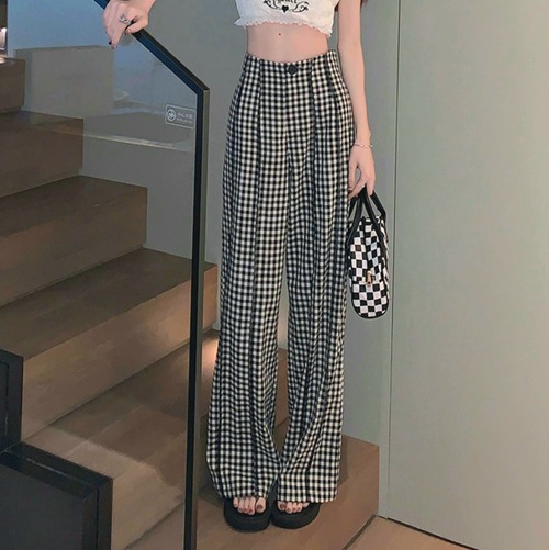 ギンガムチェック ハイウエスト ワイドパンツ